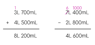 받아올림, 내림이 있는 들이의 덧뺄셈