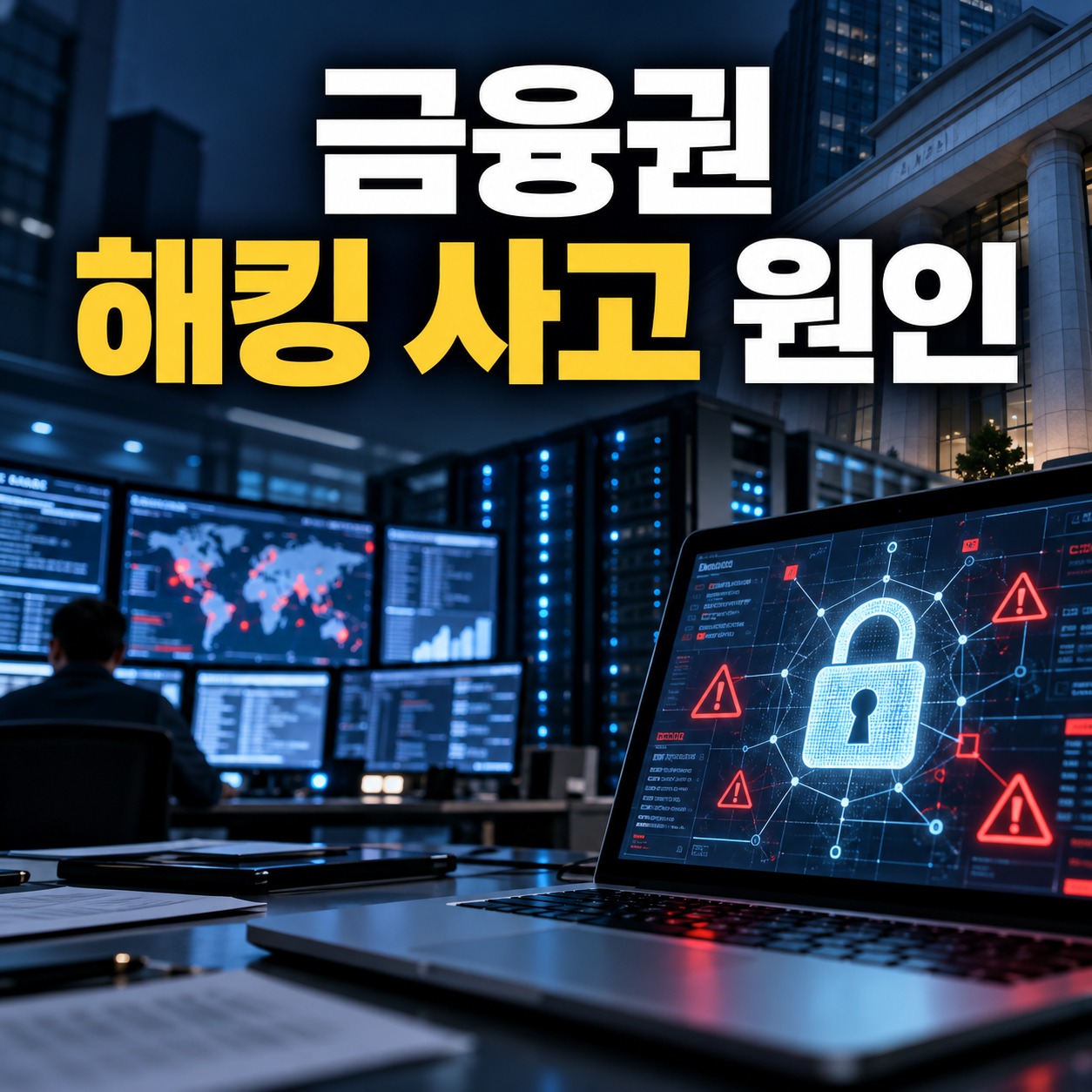금융권 해킹 사고 원인을 주제로 보안 관제센터와 잠금 화면을 보여주는 대표 이미지
