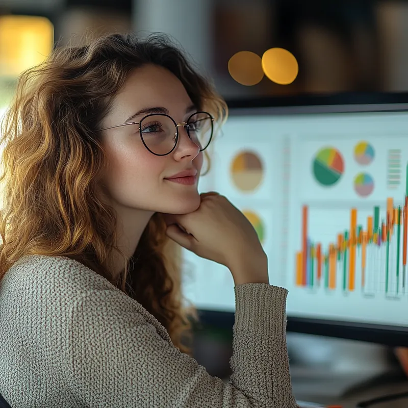 사회초년생이 사무실에서 컴퓨터 투자 차트를 분석하며 연금ETF 성장주와 가치주 포트폴리오 비교, 장기 투자전략 및 안정적 자산 성장에 집중