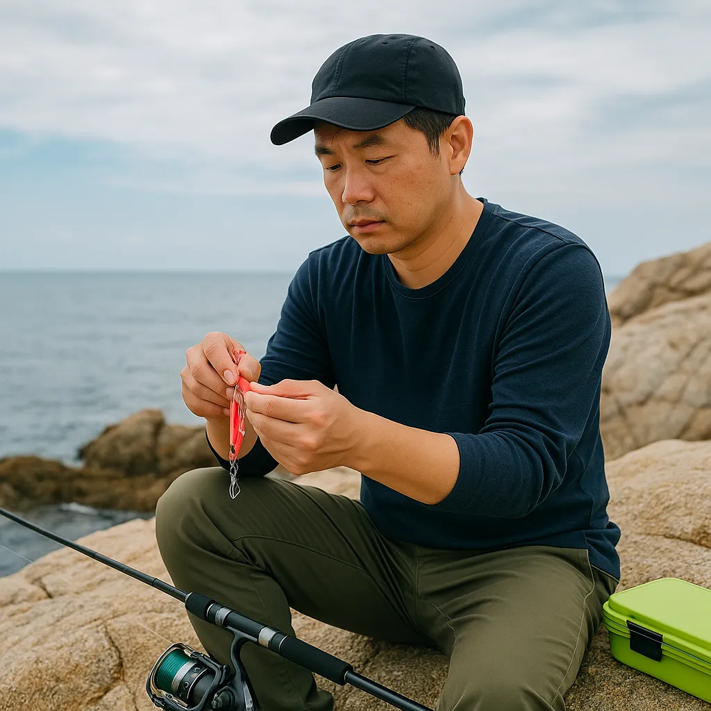 바위 위에서 문어낚시 채비를 준비하는 남성