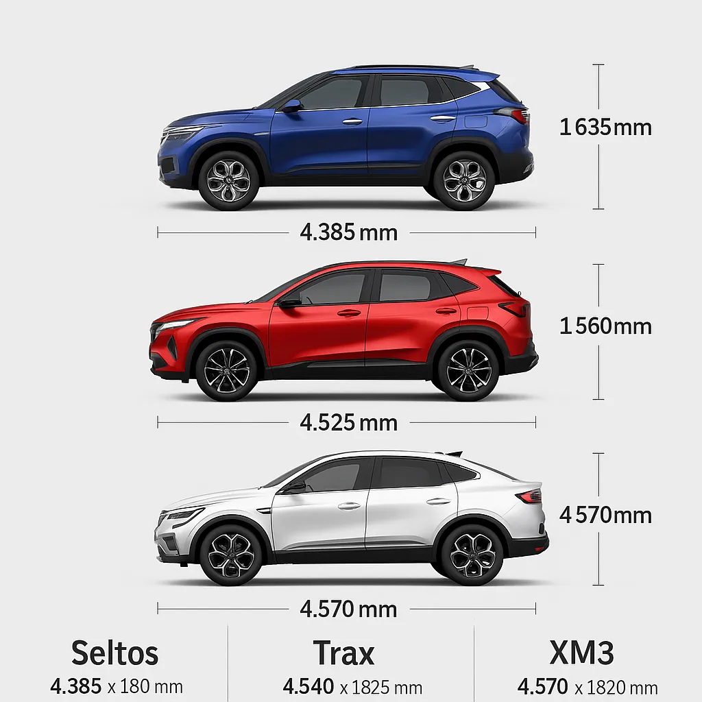 셀토스&amp;#44; 트랙스&amp;#44; XM3의 크기를 비교한 소형 SUV 인포그래픽