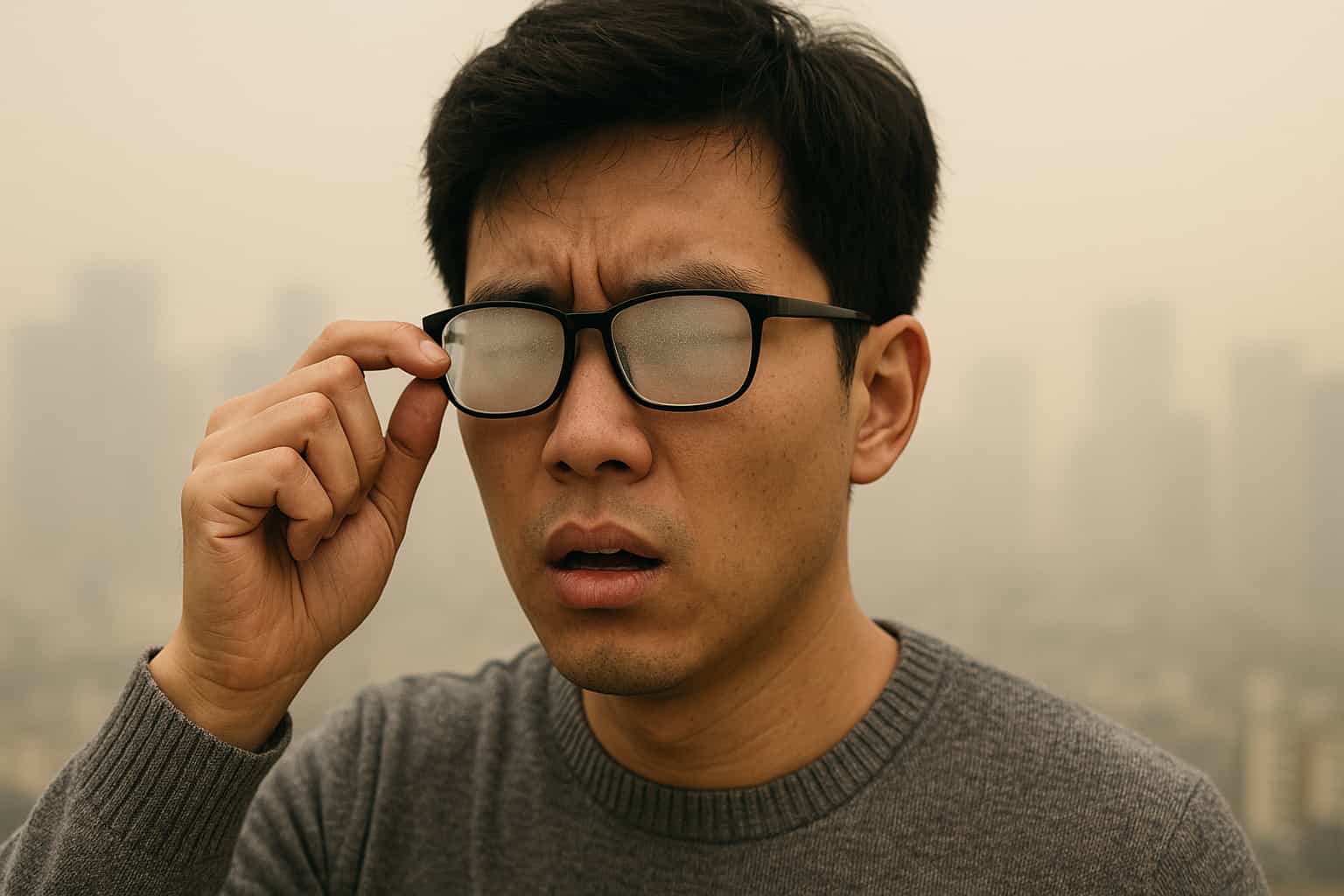 안경에 초미세먼자와 습기가 낀 남자의 이미지