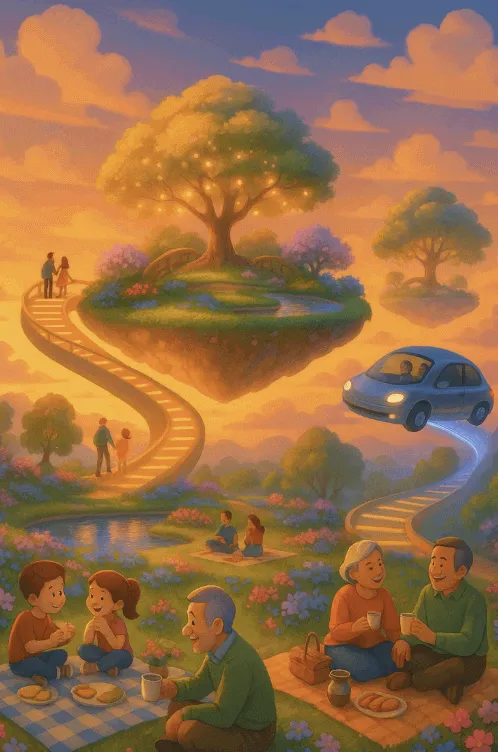 노을빛 하늘 아래 공중에 떠 있는 정원에서 사람들이 피크닉을 즐기는 픽사풍 일러스트 이미지. 정원으로는 빛나는 계단과 공중 부양 차량을 통해 접근할 수 있으며, 잔디밭 위에는 가족, 아이, 노부부가 따뜻한 시간을 보내고 있다. 초전도체 기술로 구현된 미래 사회의 낭만적 풍경을 감성적으로 표현함 (superconducting floating garden, picnic in the sky, future city life)