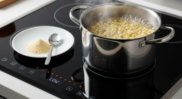 인덕선 위에 라면이 끓고 있고, 그 옆에 있는 접시에 천연 조미료가 놓여 있음.