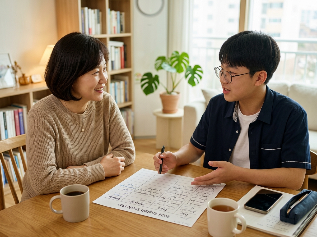 학부모와 고등학생 자녀가 영어 학습 계획을 함께 세우는 모습