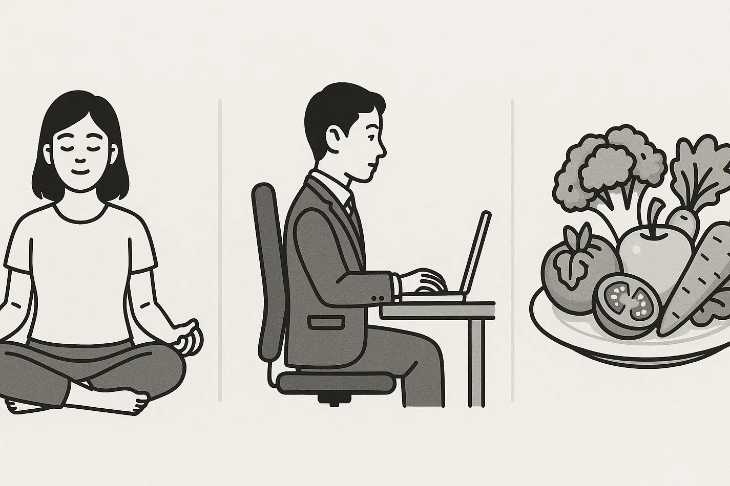 명상하는 사람, 올바른 자세로 앉아 있는 직장인, 채소와 과일 위주의 건강식 식단.