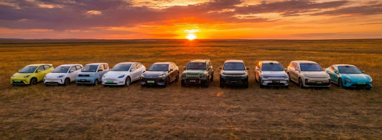 제미나이 AI로 생성한 중국 주요 제조사 전기차 10종이 들판에 일렬로 서 있고, 그 뒤로 태양이 떠오르는 일출 배경의 상징적 이미지