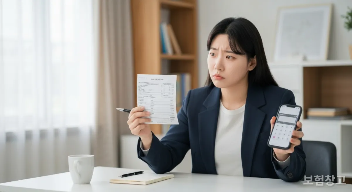 월급명세서와 스마트폰 계산기를 보며 4대보험을 계산하는 한국인 직장인