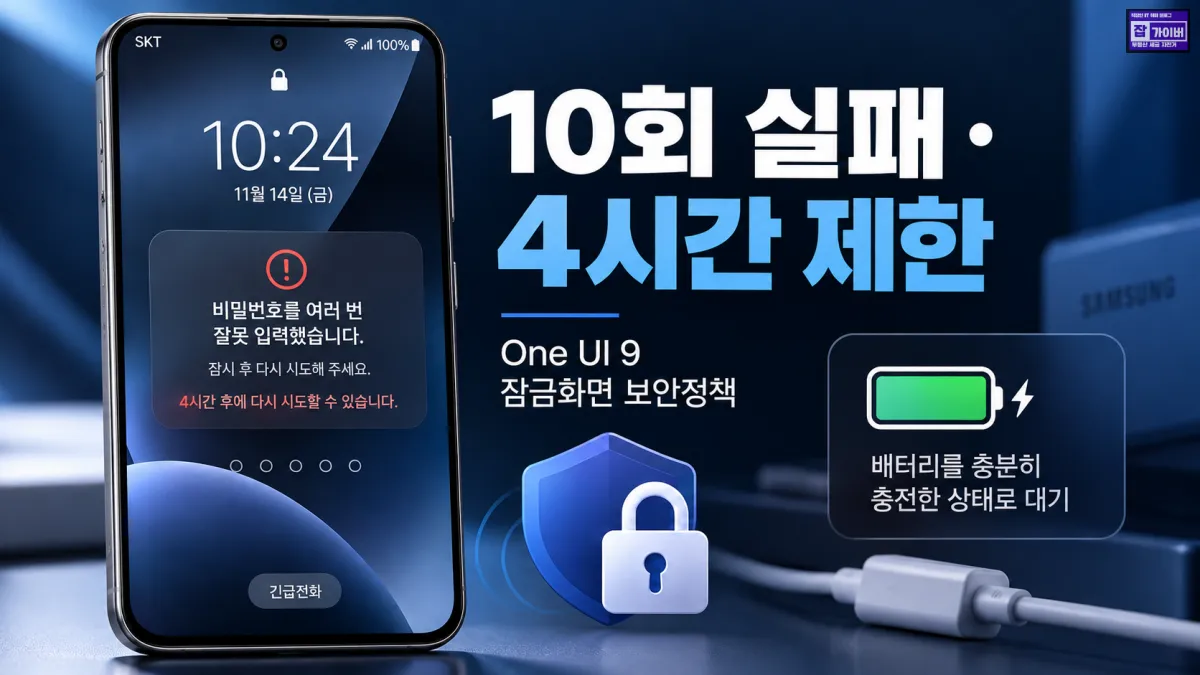 갤럭시 One UI 9 비밀번호 10회 실패 4시간 잠금 제한과 충전 대기 안내