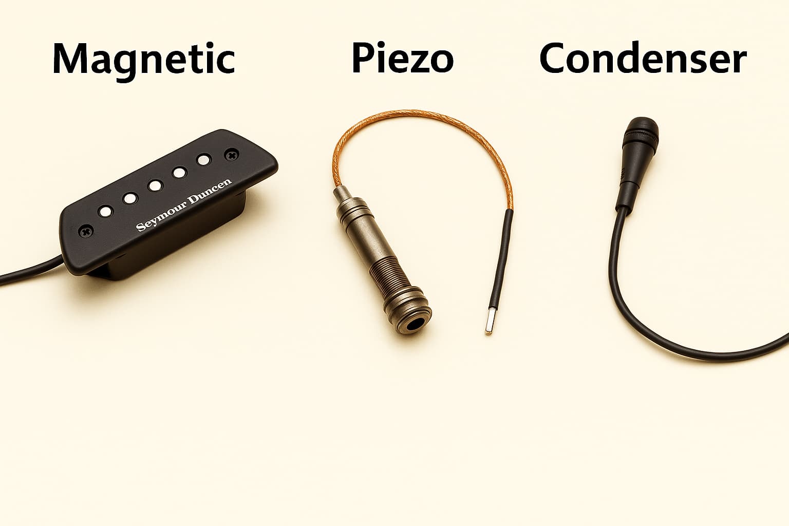 마그네틱(Magnetic), 피에조 언더새들(Under-saddle), 콘덴서(Condenser) 픽업 비교이미지
