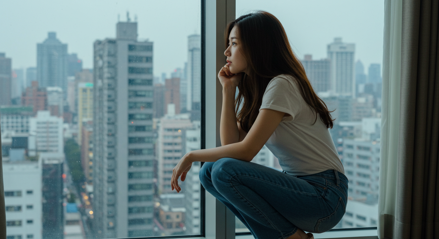 창밖을 보는 여성