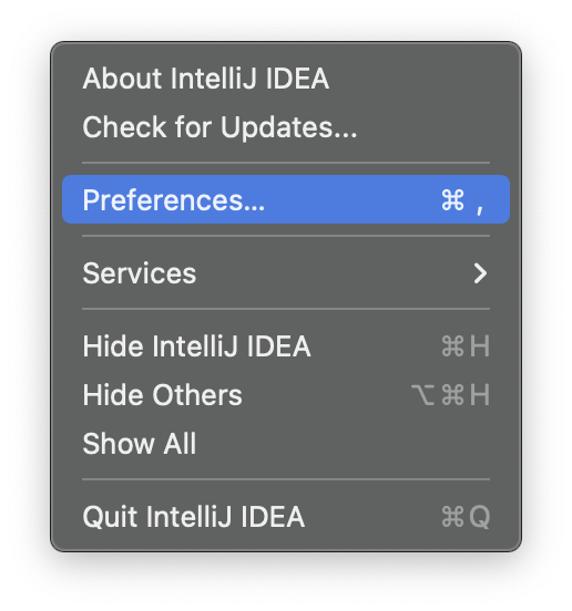 intellij-메뉴에서-preferences가-선택되어있다.