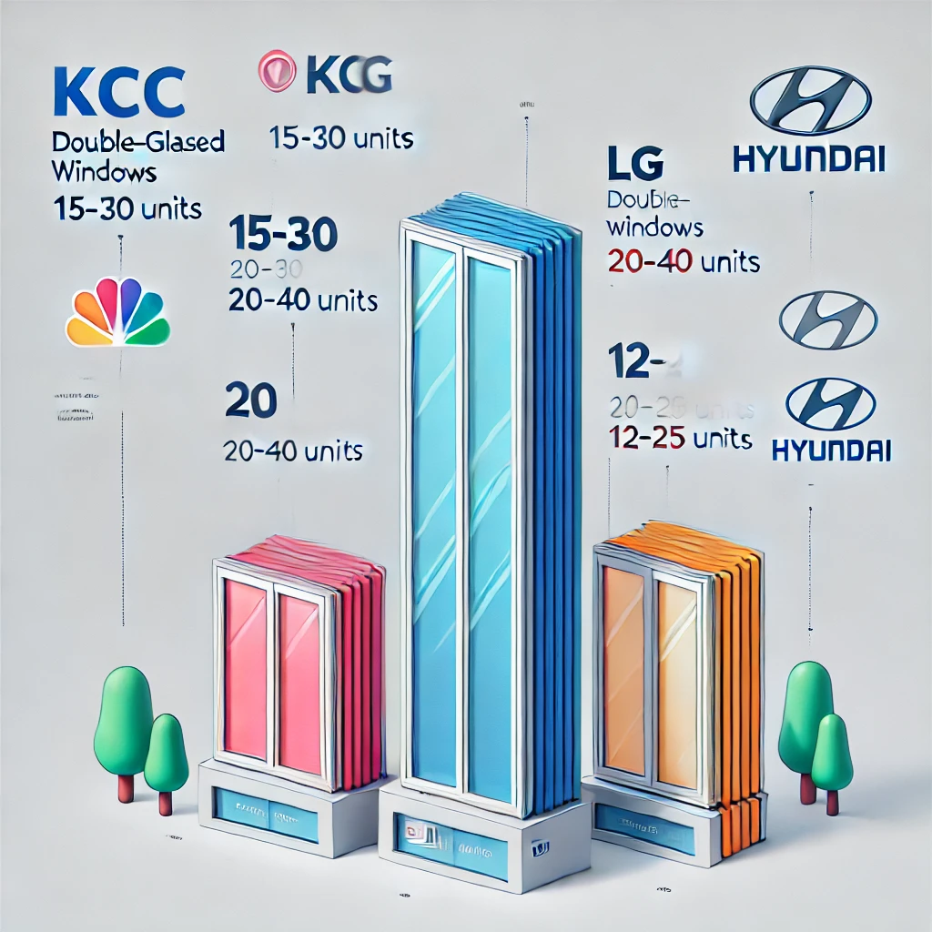 상징적인 아이콘으로 표현된 KCC&amp;#44; LG&amp;#44; 현대 창호의 가격 비교 그래픽