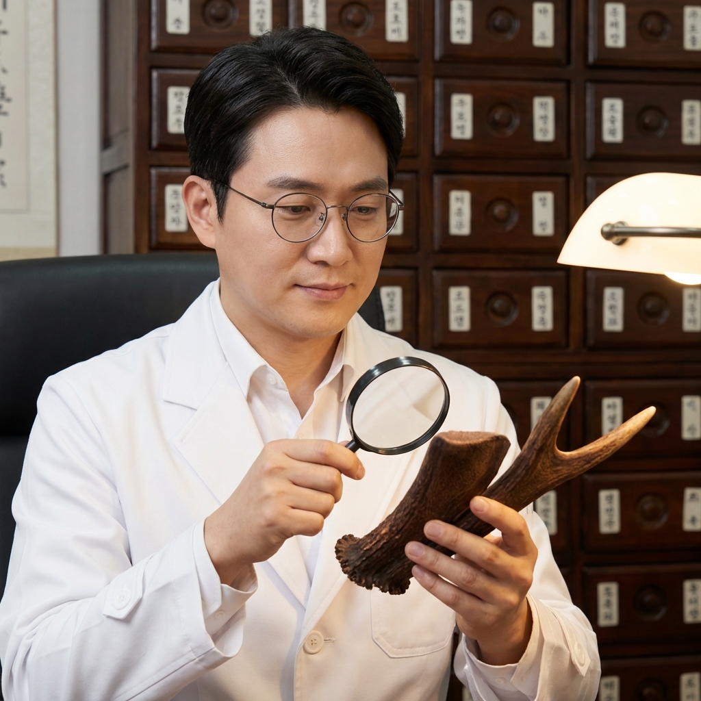 한의사 복장을 한 전문가가 전통적인 약재함 배경 앞에서 뉴질랜드산 프리미엄 녹용의 상태를 꼼꼼하게 살피는 모습. 신뢰감 있는 분위기와 정성스러운 약재 선별 과정을 보여주는 고해상도 이미지