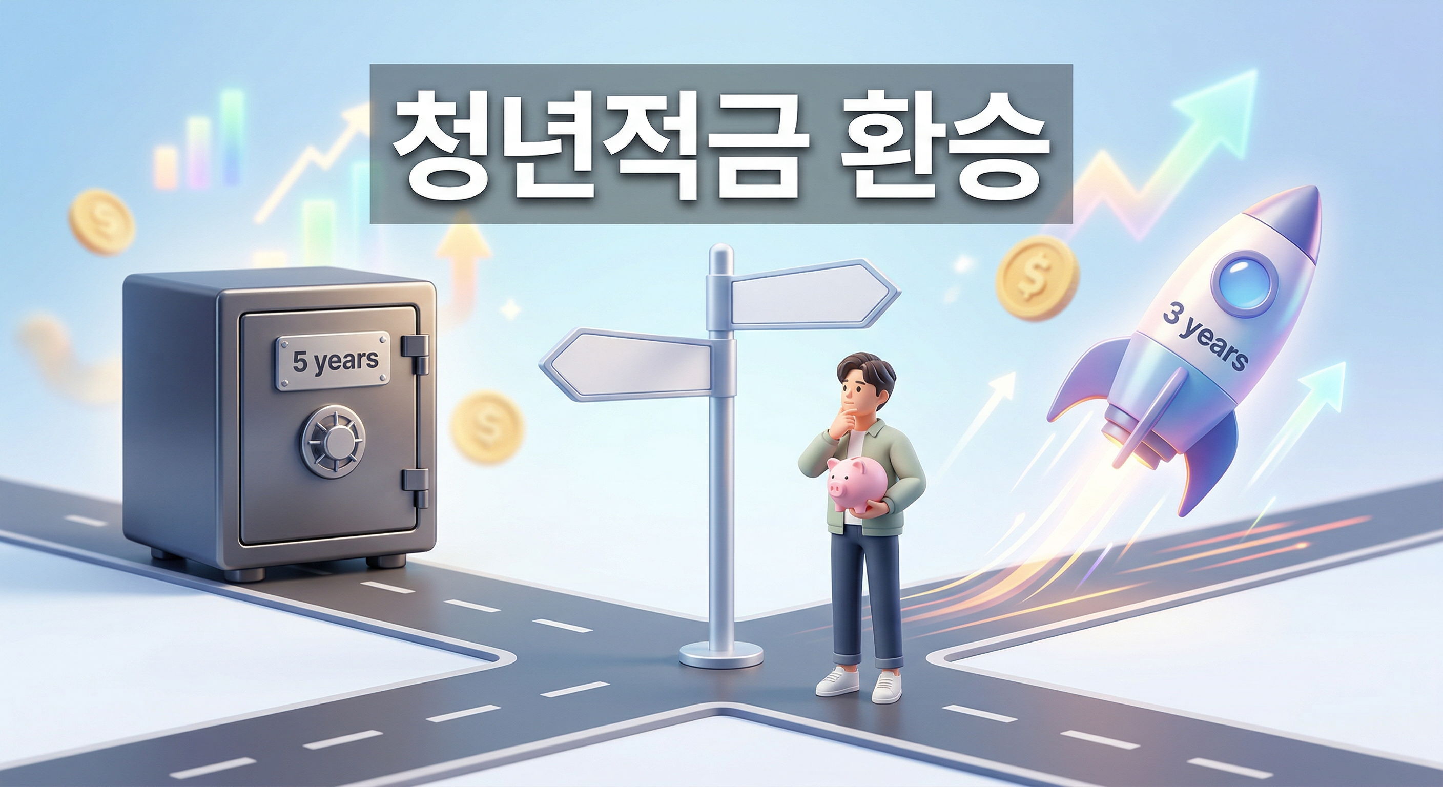 5년 금고와 3년 로켓을 가리키는 교차로 표지판 앞에 저금통을 든 청년 배경에 '청년적금 환승'이라는 한글 문구가 중앙에 적힌 3D 일러스트