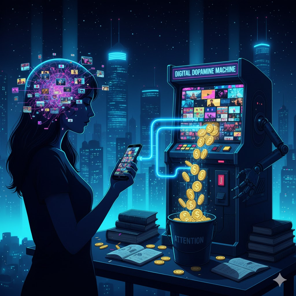 A thought-provoking illustration of a woman using a smartphone against a glowing cityscape at night. Her transparent brain is filled with a chaotic web of short-form video thumbnails, connected by neon blue lines to a large arcade machine labeled "DIGITAL DOPAMINE MACHINE." Golden coins pour from the machine into a bucket marked "ATTENTION," symbolizing the monetization of human focus. Scattered on the desk are neglected, open books, emphasizing the replacement of deep reading and intellectual engagement with instant digital stimulation. 어두운 밤, 화려한 도시의 야경을 배경으로 한 여성이 스마트폰을 사용하고 있는 모습의 일러스트. 여성의 뇌는 투명하게 빛나며 수많은 숏폼 영상 이미지들이 신경계처럼 복잡하게 연결되어 있고, 이 뇌와 스마트폰은 푸른 빛의 선으로 '디지털 도파민 머신(Digital Dopamine Machine)'이라 적힌 거대한 슬롯머신과 연결되어 있다. 슬롯머신에서는 황금 동전들이 'ATTENTION(주의력)'이라고 적힌 양동이 속으로 끊임없이 쏟아지고 있으며, 그 옆에는 펼쳐진 책들이 방치되어 있어 디지털 중독으로 인한 사유의 상실을 비판적으로 보여준다.