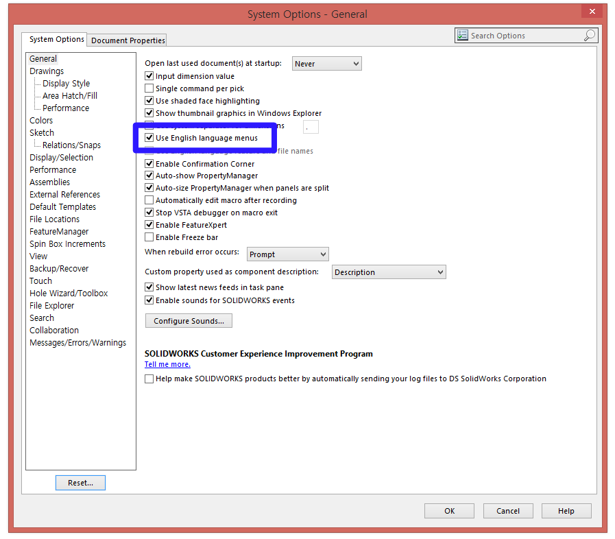 솔리드웍스 시스템 옵션 - 언어 바꾸기