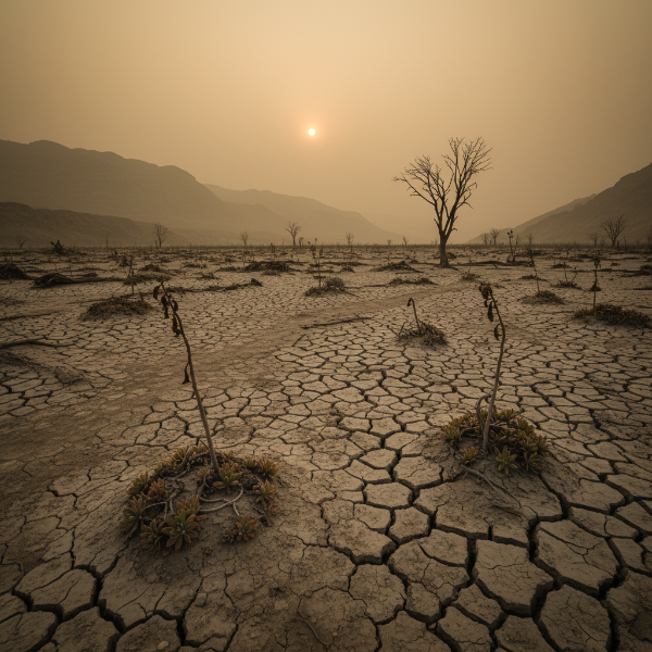 갈라지고 메마른 황폐한 땅과 시들어가는 식물들이 토양 황폐화의 심각성을 보여줍니다.