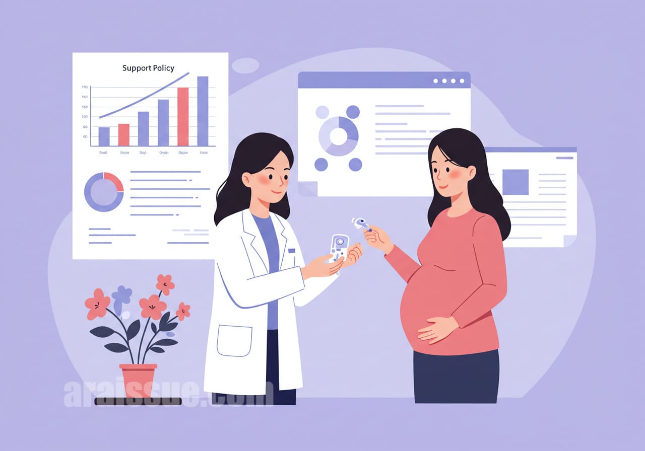 임산부에게 건강보험 정책 문서를 전달하는 장면