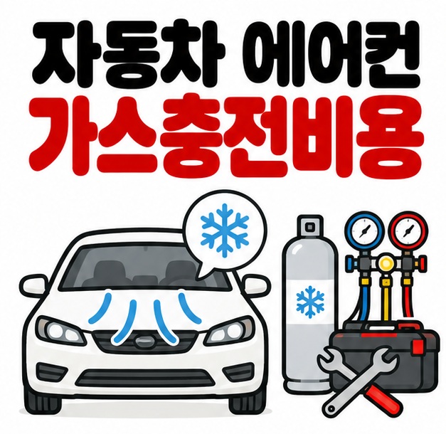 자동차와 에어컨 눈송이 냉매통 아이콘 옆에 자동차 에어컨 가스충전비용 문구를 크게 보여주는 대표 카드