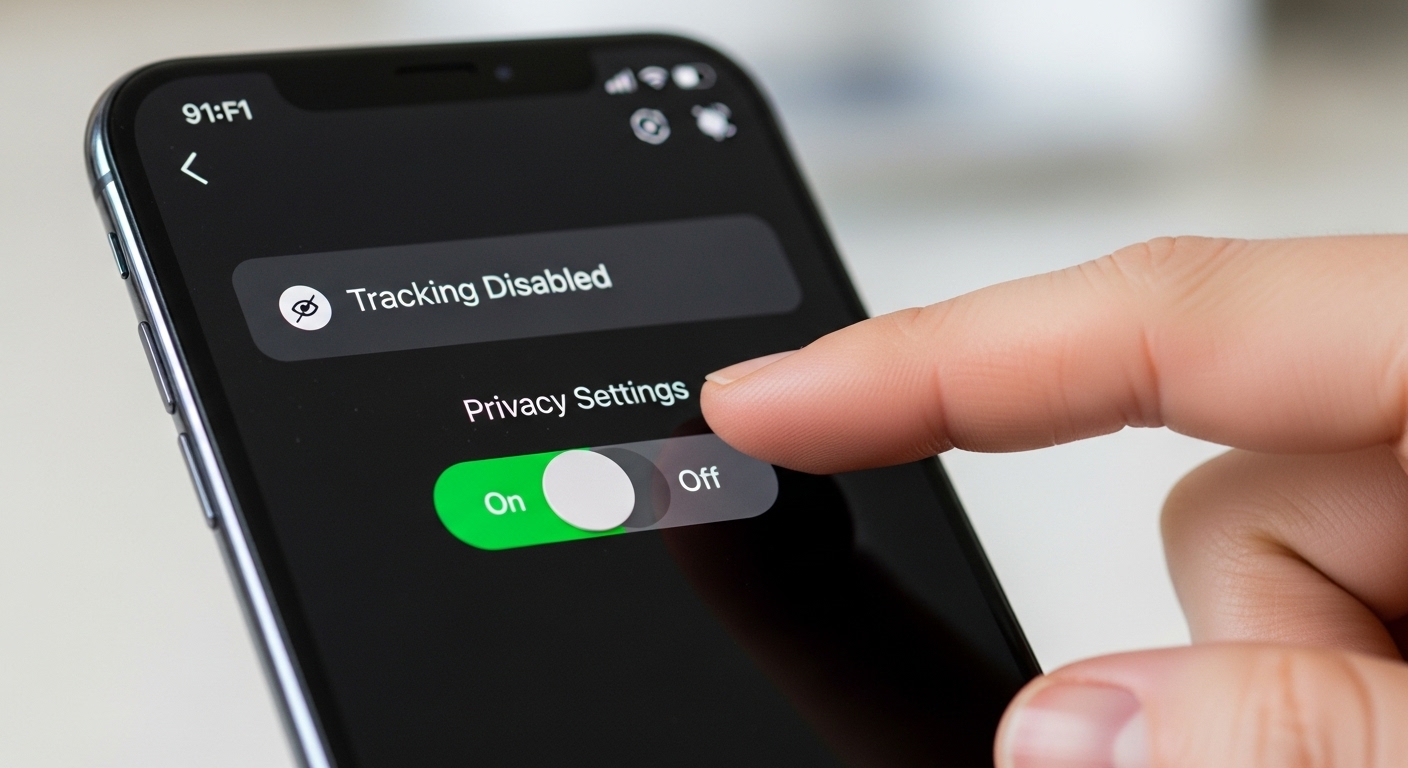 스마트폰 개인정보 설정 화면에서 앱 추적 금지 옵션을 활성화하여 기업의 무분별한 데이터 수집을 차단하는 사용자의 손가락