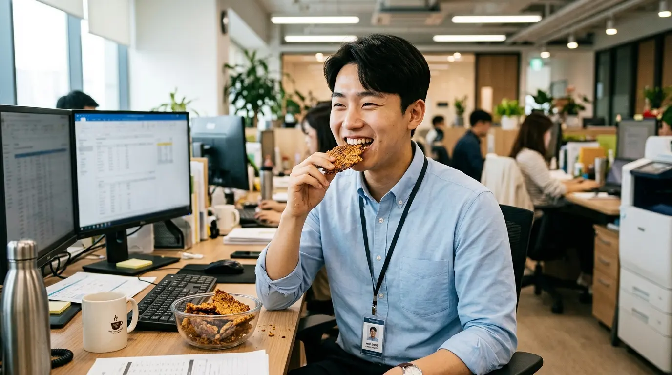 사무실 책상에 앉아 웃으며 누룽지 스낵을 먹고 있는 남자 직장인 사원
