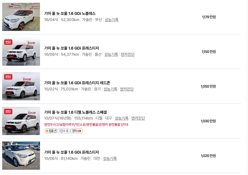 기아 쏘울 중고차 가격 시세표 유지비