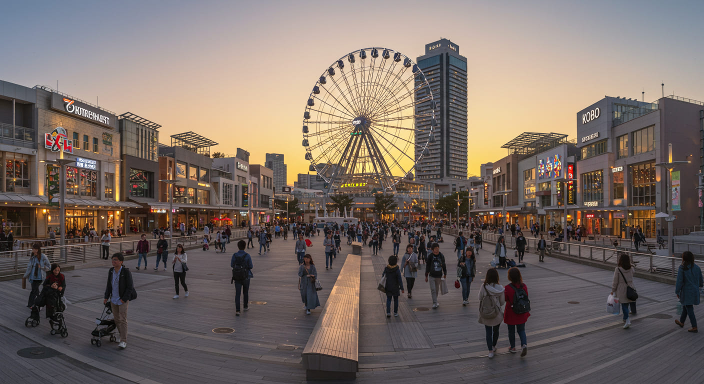 고베 하버랜드의 해질녘 풍경, 쇼핑몰과 조명이 켜진 고베 관람차, 해안가를 걷는 사람들