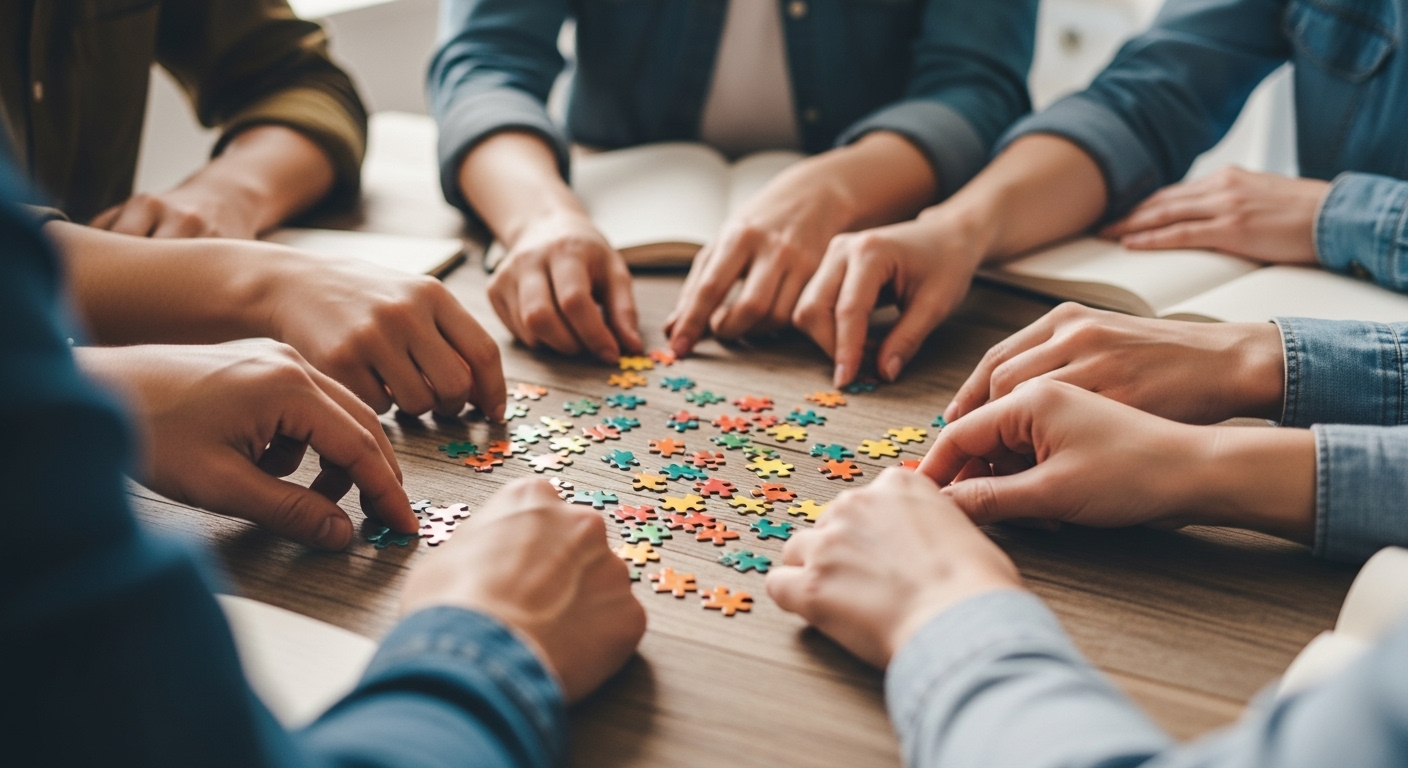 여러 사람의 손이 함께 퍼즐 조각을 맞추며 팀워크를 상징하는 모습.
