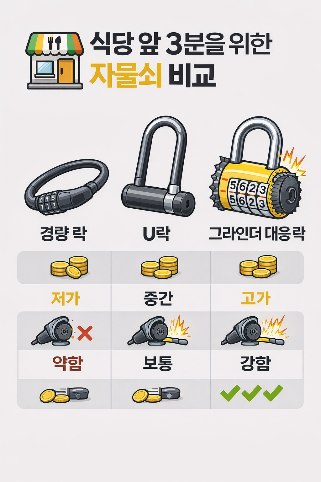 자전거 도난 방지를 위한 자물쇠 사용 체크 포인트 요약 이미지
