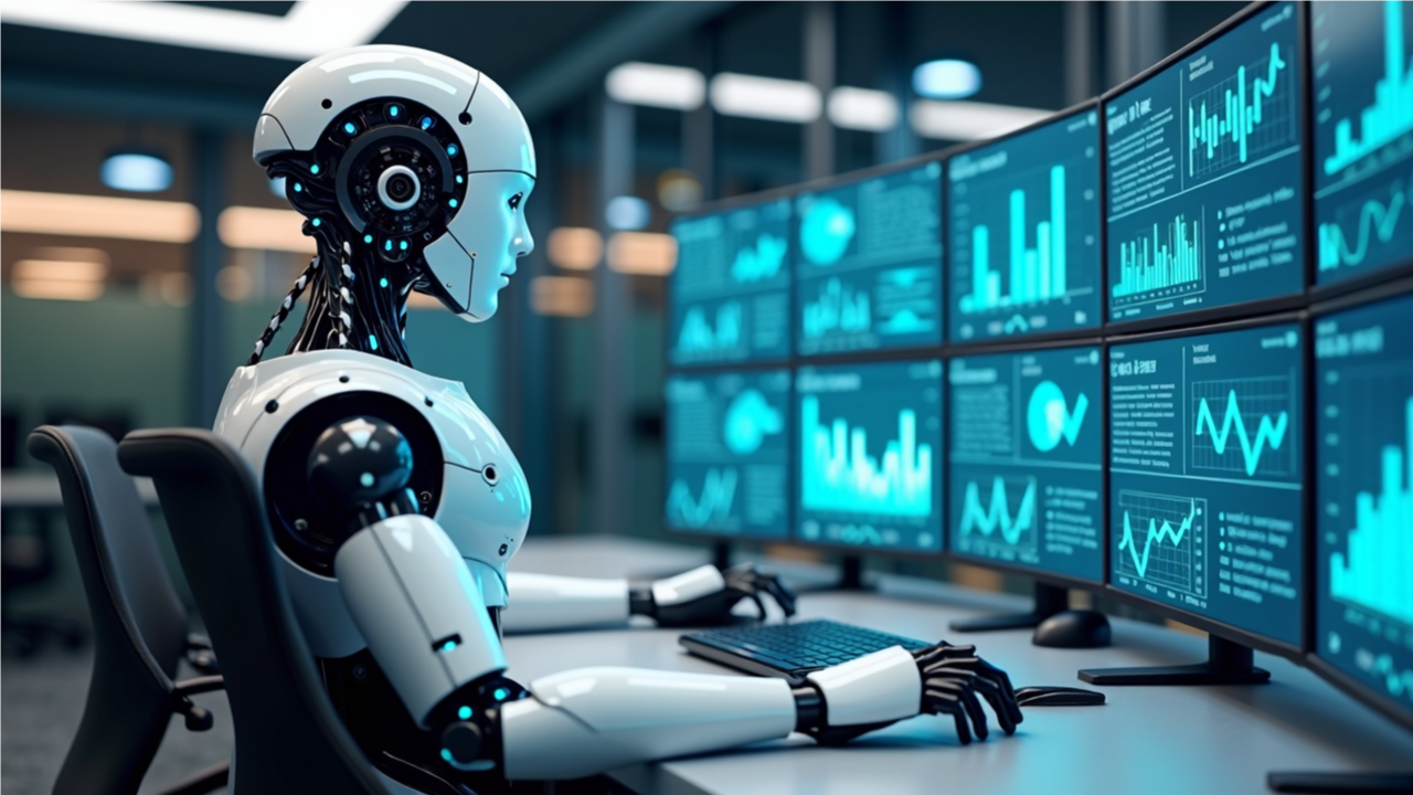 데이터 차트와 그래프가 표시된 컴퓨터 화면 앞에서 작업 중인 AI 로봇, 시장조사와 분석을 시각화