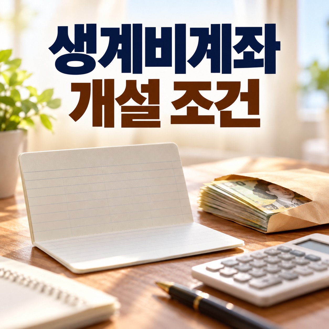 생계비계좌 개설 조건이라는 글씨 아래 통장과 생활비 봉투, 계산기가 놓인 책상