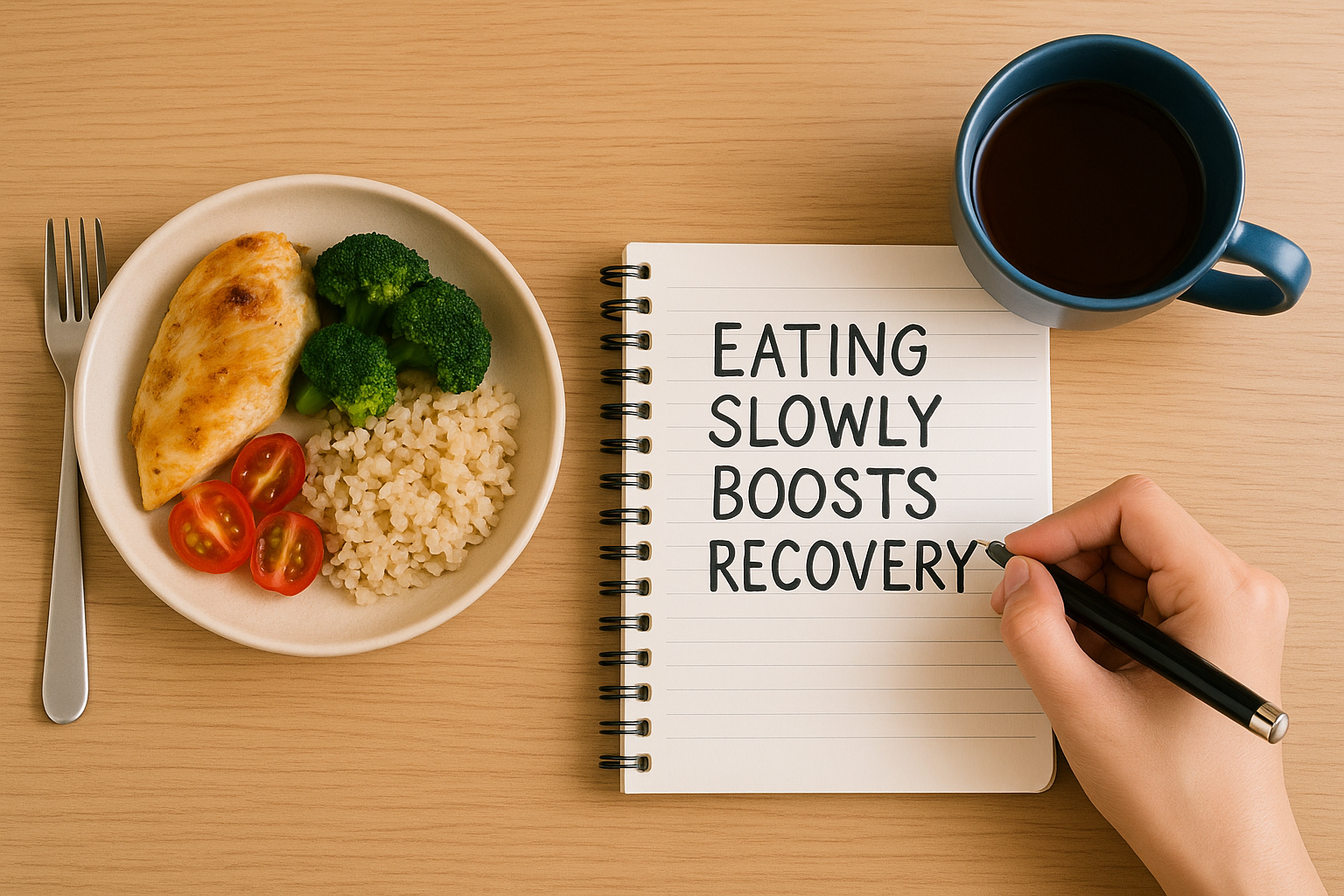 균형잡힌 식사가 놓여있는 테이블. 'Eating slowly boosts recovery'라는 문구가 쓰여있는 스프링 노트