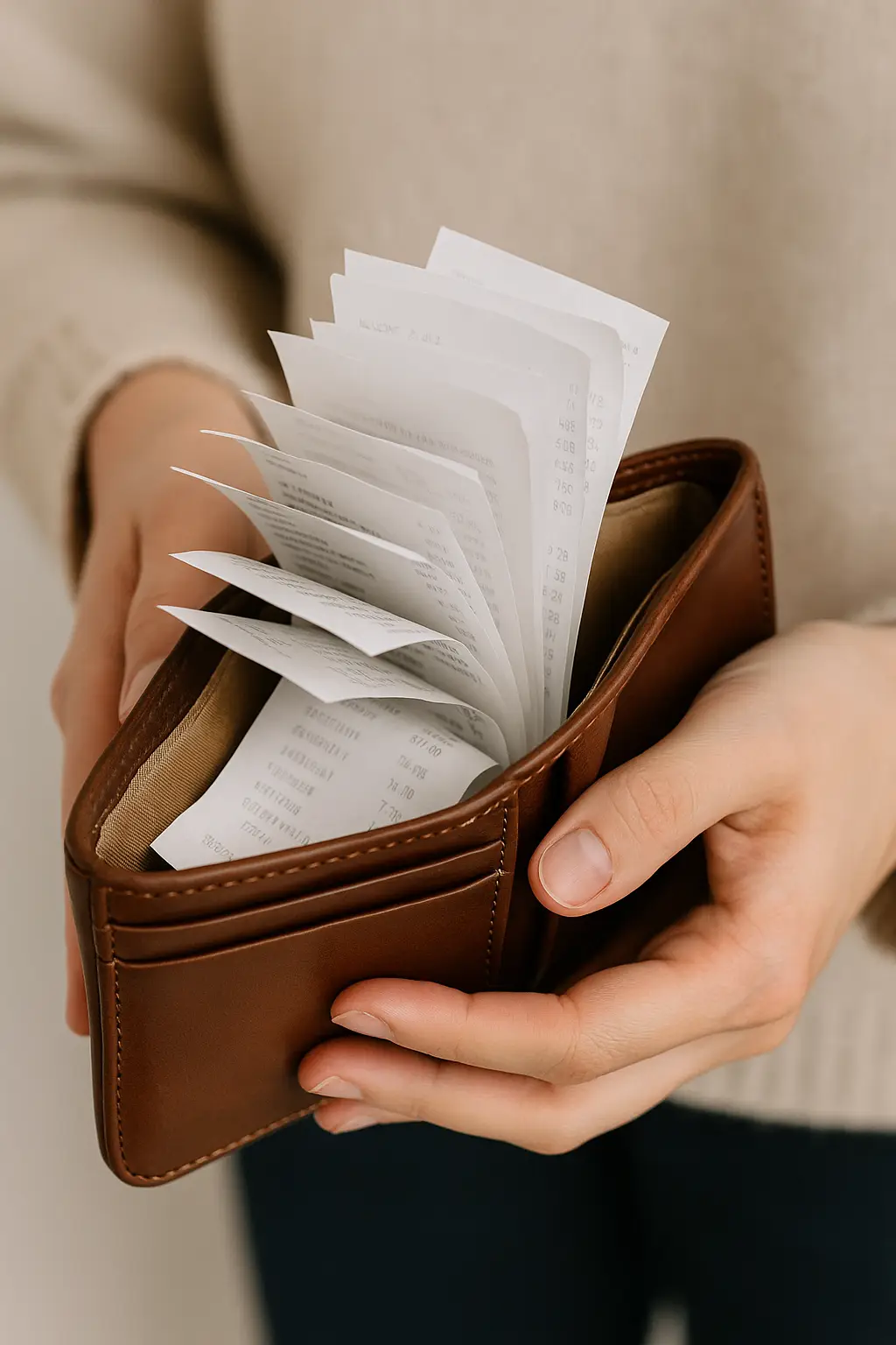 갈색-지갑에-여러-장의-영수증이-가득-쌓여있는-모습