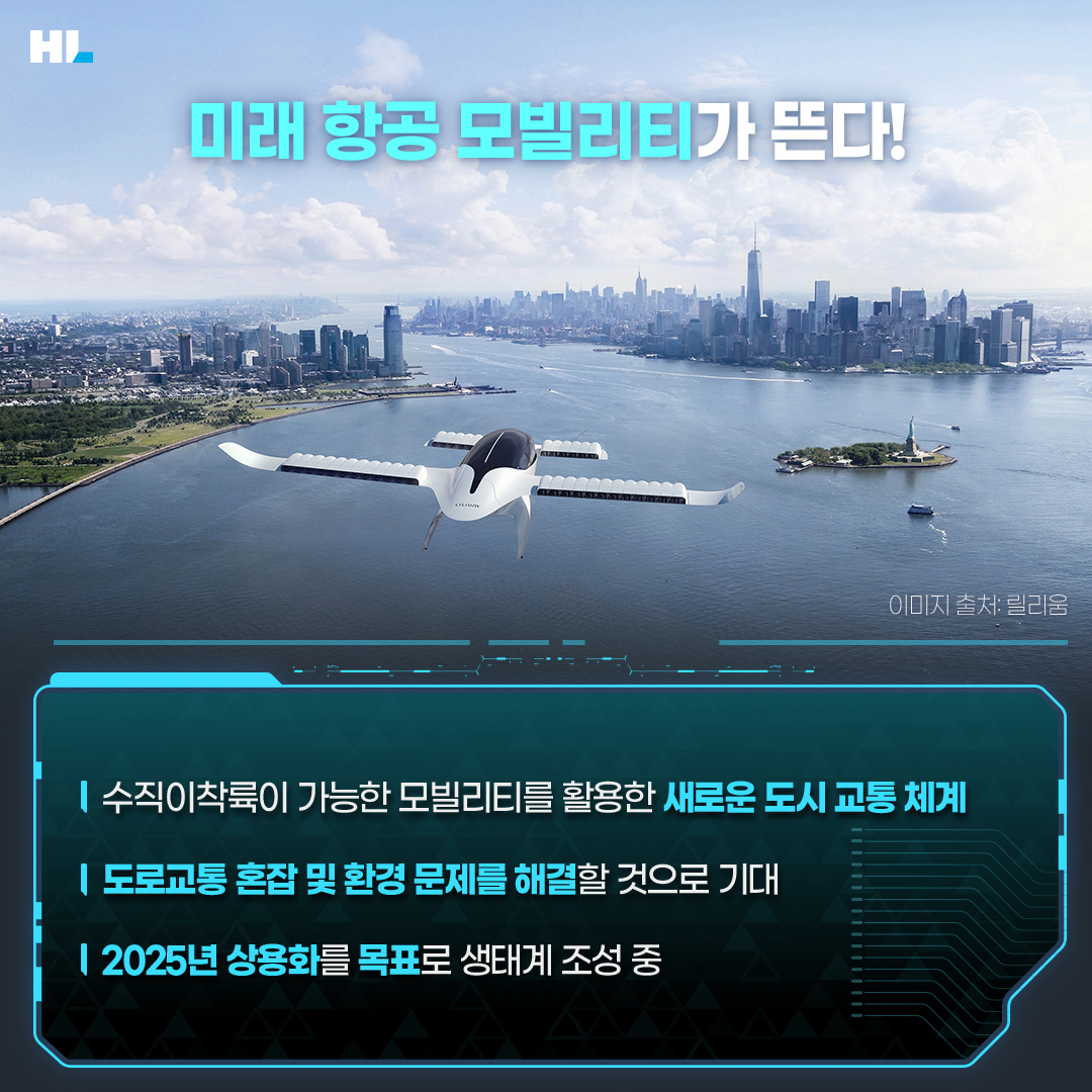 미래 항공 모빌리티가 뜬다
- 수직이착륙이 가능한 모빌리티를 활용한 새로운 도시 교통 체계 
- 도로교통 혼잡 및 환경 문제를 해결할 것으로 기대
- 2025년 상용화를 목표로 생태계 조성 중
