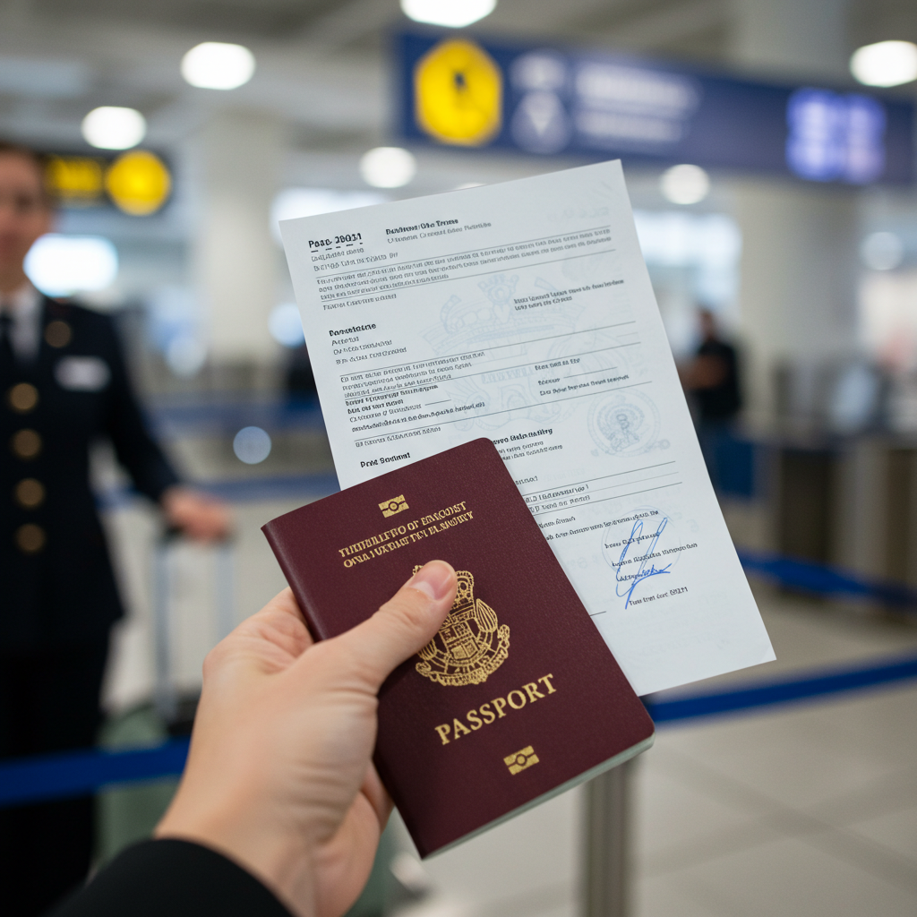 공항 보안 검색대에서 한 사람이 여권과 영문 진단서를 제시하는 손 클로즈업.