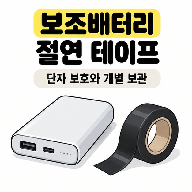 보조배터리 절연 테이프 문구 아래 보조배터리와 검정색 절연 테이프 롤을 배치한 안내 그림