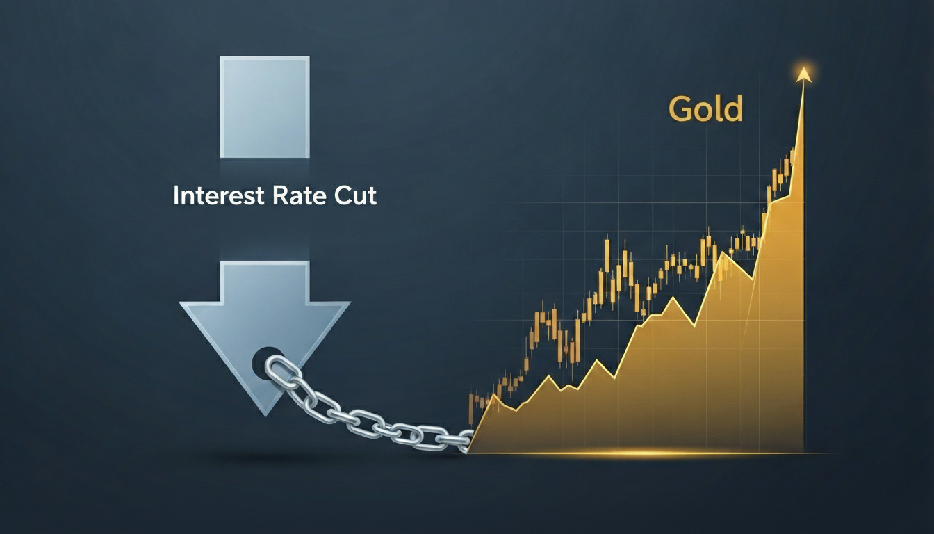금리 인하 화살표와 금값 상승 그래프가 연동되는 모습