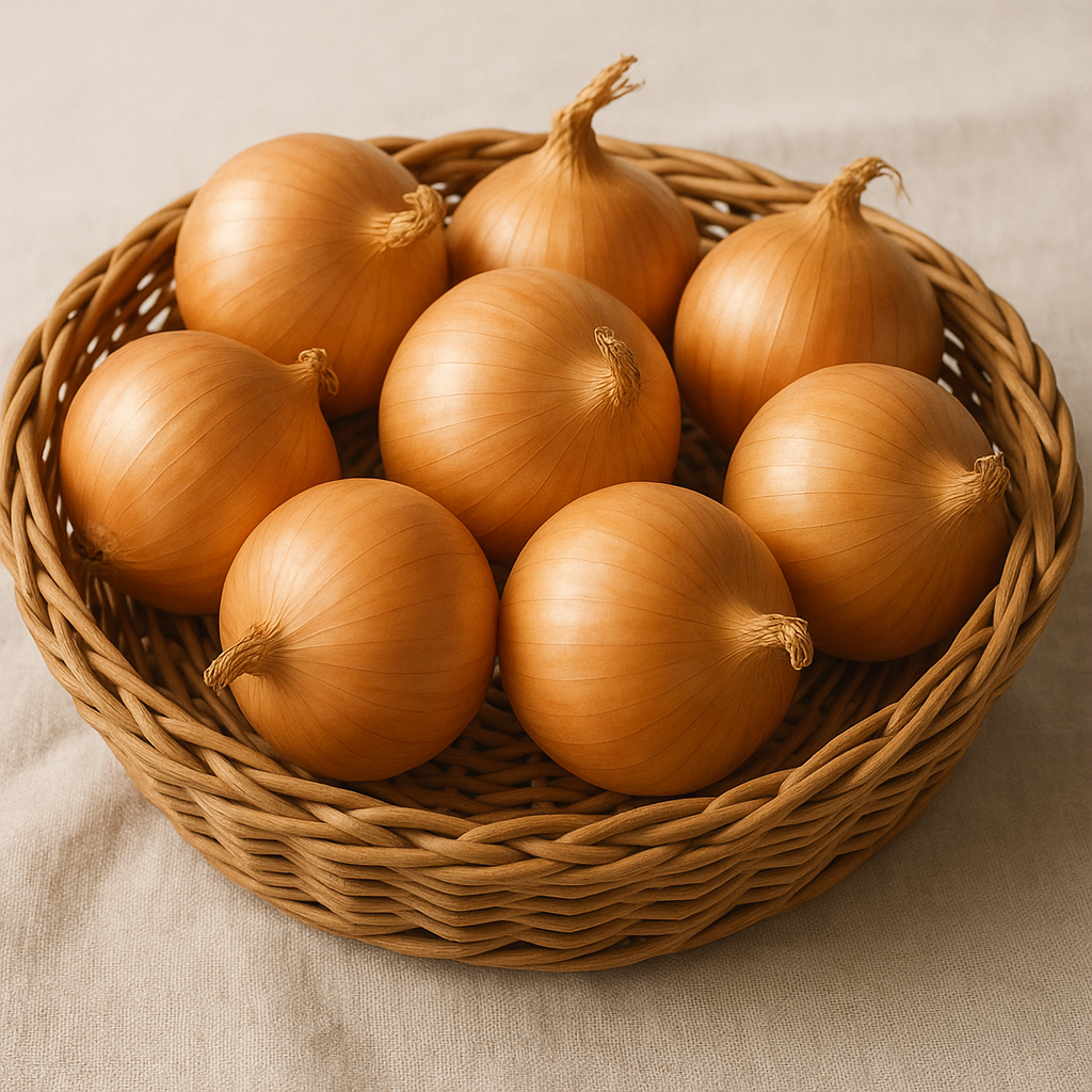 라탄 바구니에 노란 양파 여러 개가 담겨 있고 베이지 린넨 위에서 자연광을 받아 따뜻한 색감과 질감이 강조됨