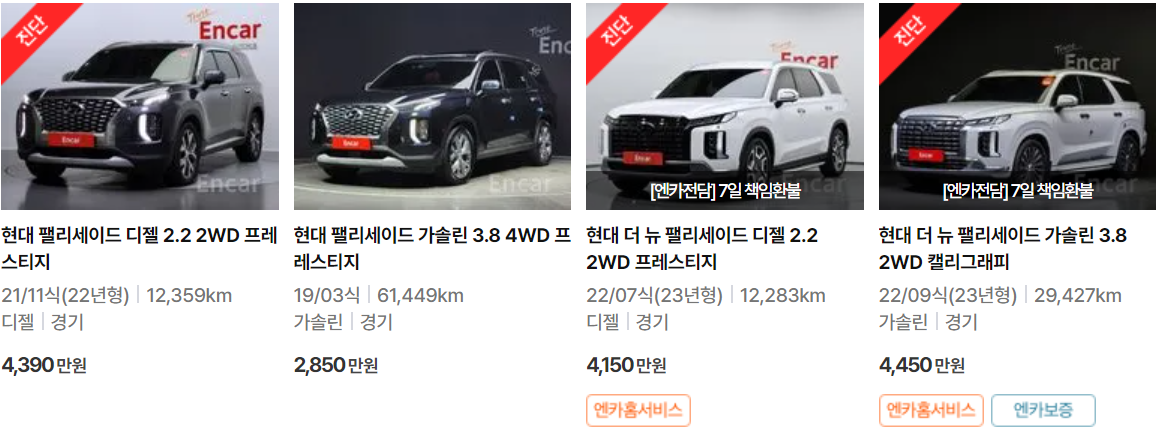 엔카 현대 팰리세이드 중고차 가격