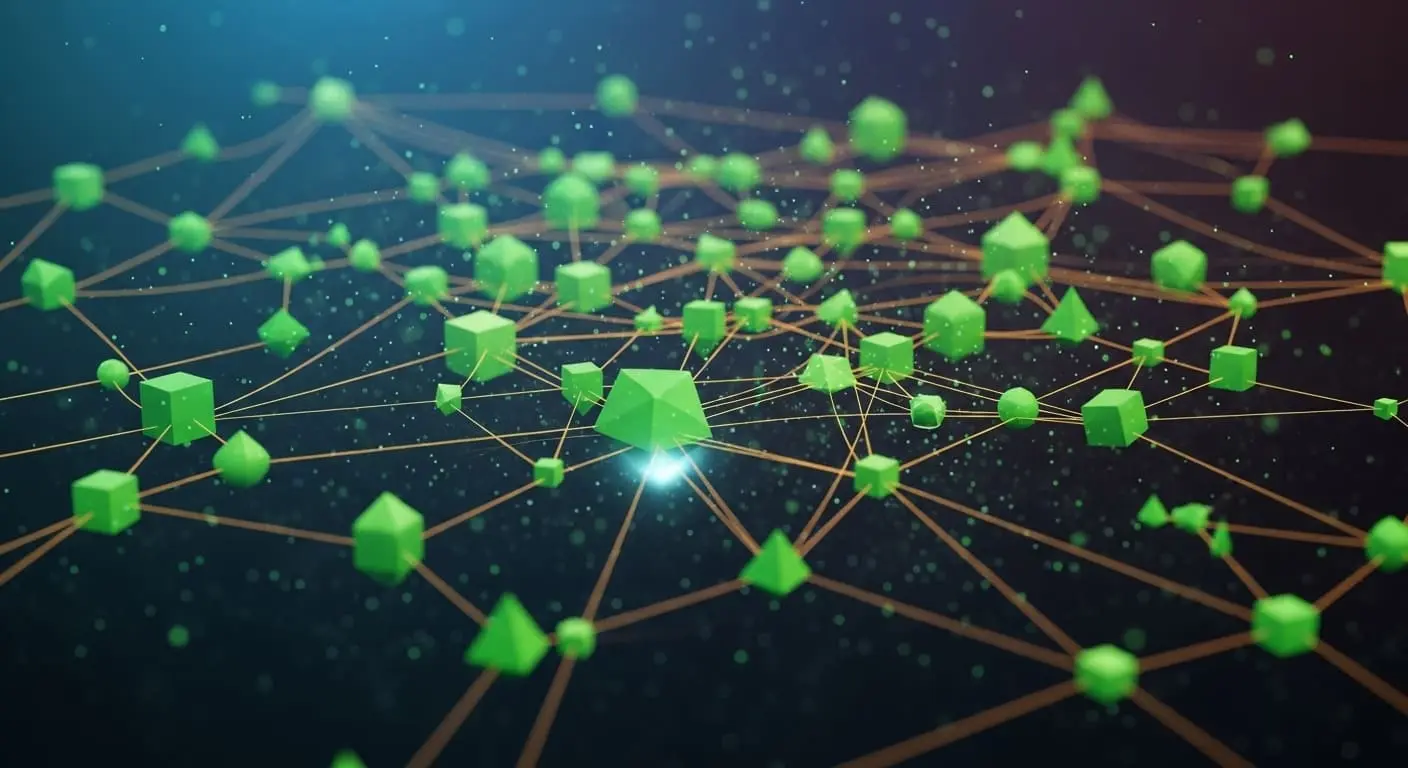 아이디어들이 서로 연결되어 지식 네트워크를 구축하는 제텔카스텐 시스템의 추상적인 시각화.