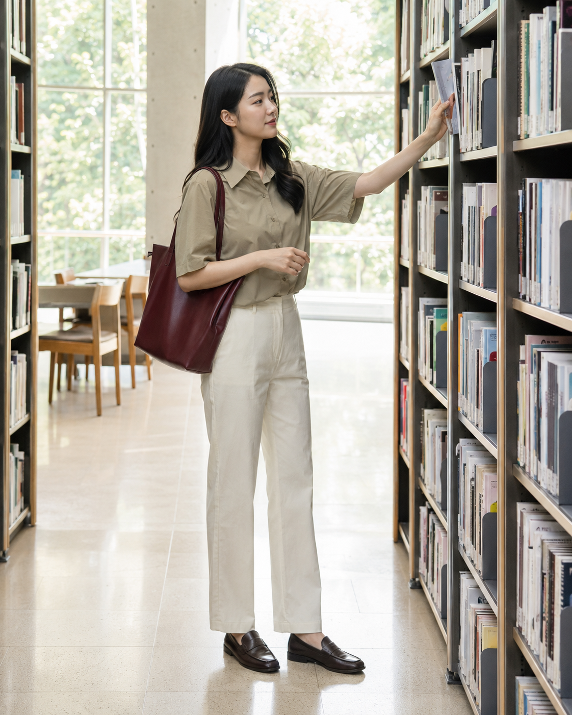 회의가 있는 여름 출근에서 옷의 길이와 실루엣이 신체 비율에 미치는 포인트를 보여주는 이미지입니다.