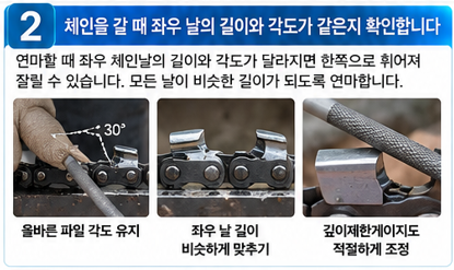 체인을 갈 때 좌우 날의 길이와 각도가 달라지지 않았는지 봅니다