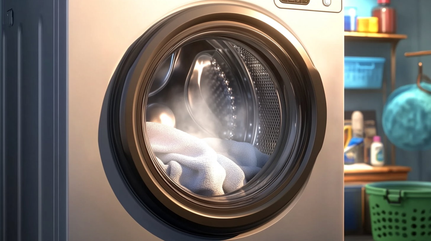 삼성 WF2420HCWWC 세탁기의 스팀 세척 기술을 자세히 보여주는 장면, 섬세한 옷감을 스팀을 활용하여 청결하게 세척하는 모습