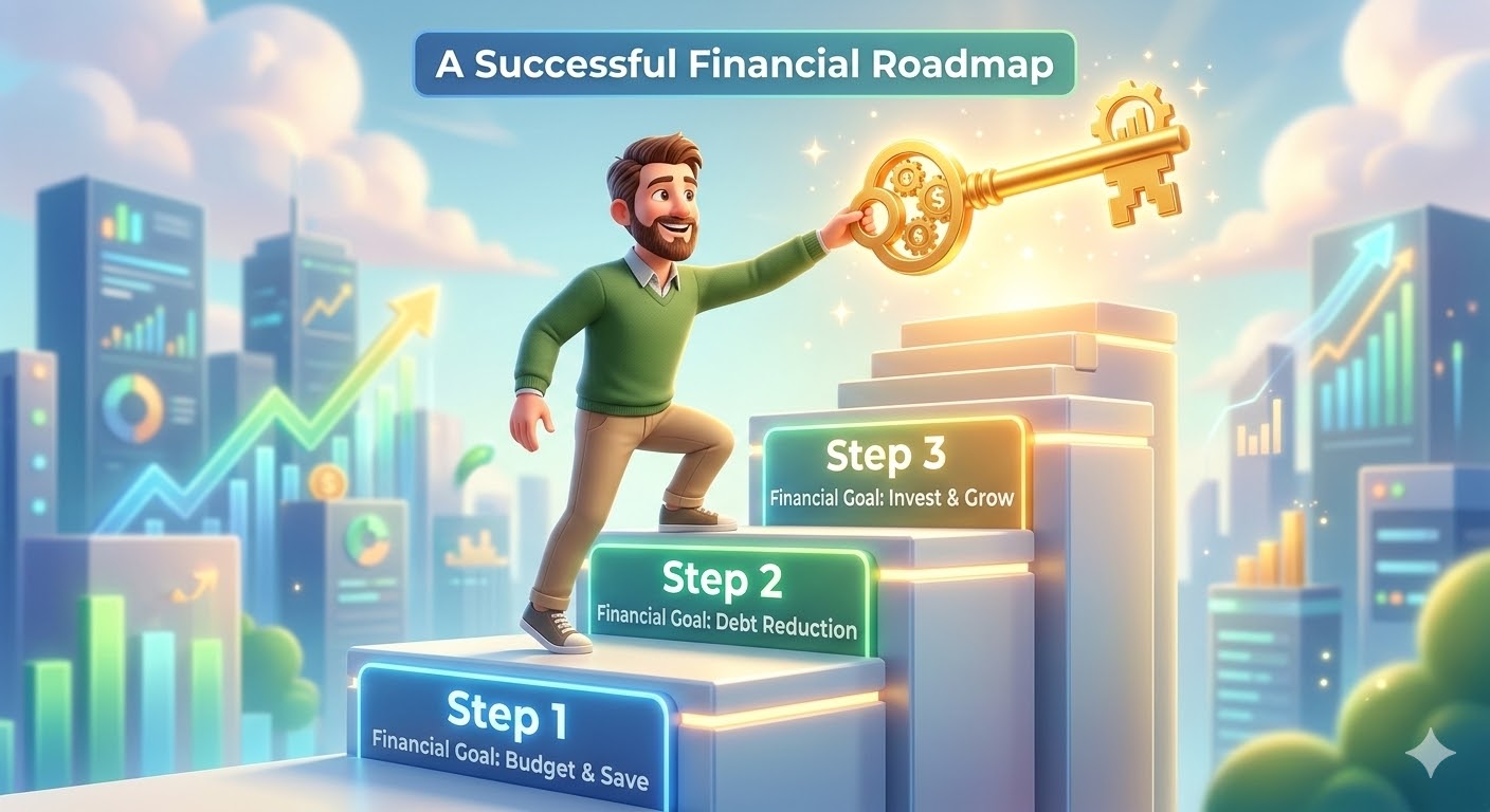 복잡한 세금 계산기 대신, 세 단계를 거쳐 황금 열쇠를 획득하며 미소 짓는 아빠의 캐릭터 일러스트