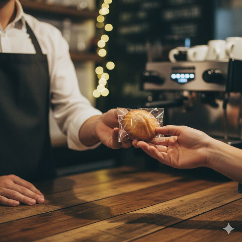카페 사장이 클레임 고객에게 사과의 의미로 쿠키를 전달하는 모습