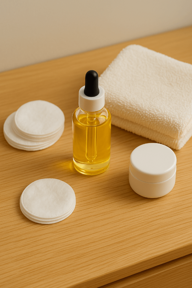 호호바오일 병과 기초 스킨케어 제품이 자연광 아래 정돈된 화장대 위에 놓인 모습.