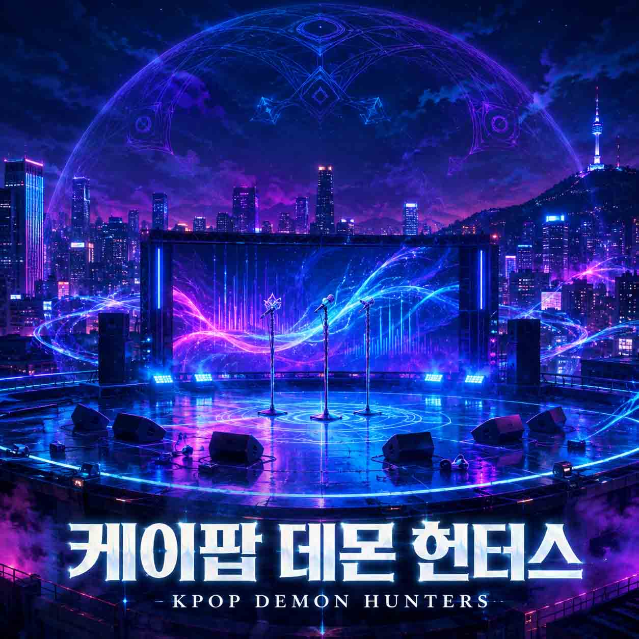영화 케이팝 데몬 헌터스를 표현한 네온 블루와 보랏빛으로 빛나는 서울의 야경과 화려한 공연 무대, 세 개의 마이크와 빛으로 둘러싸인 도시 이미지