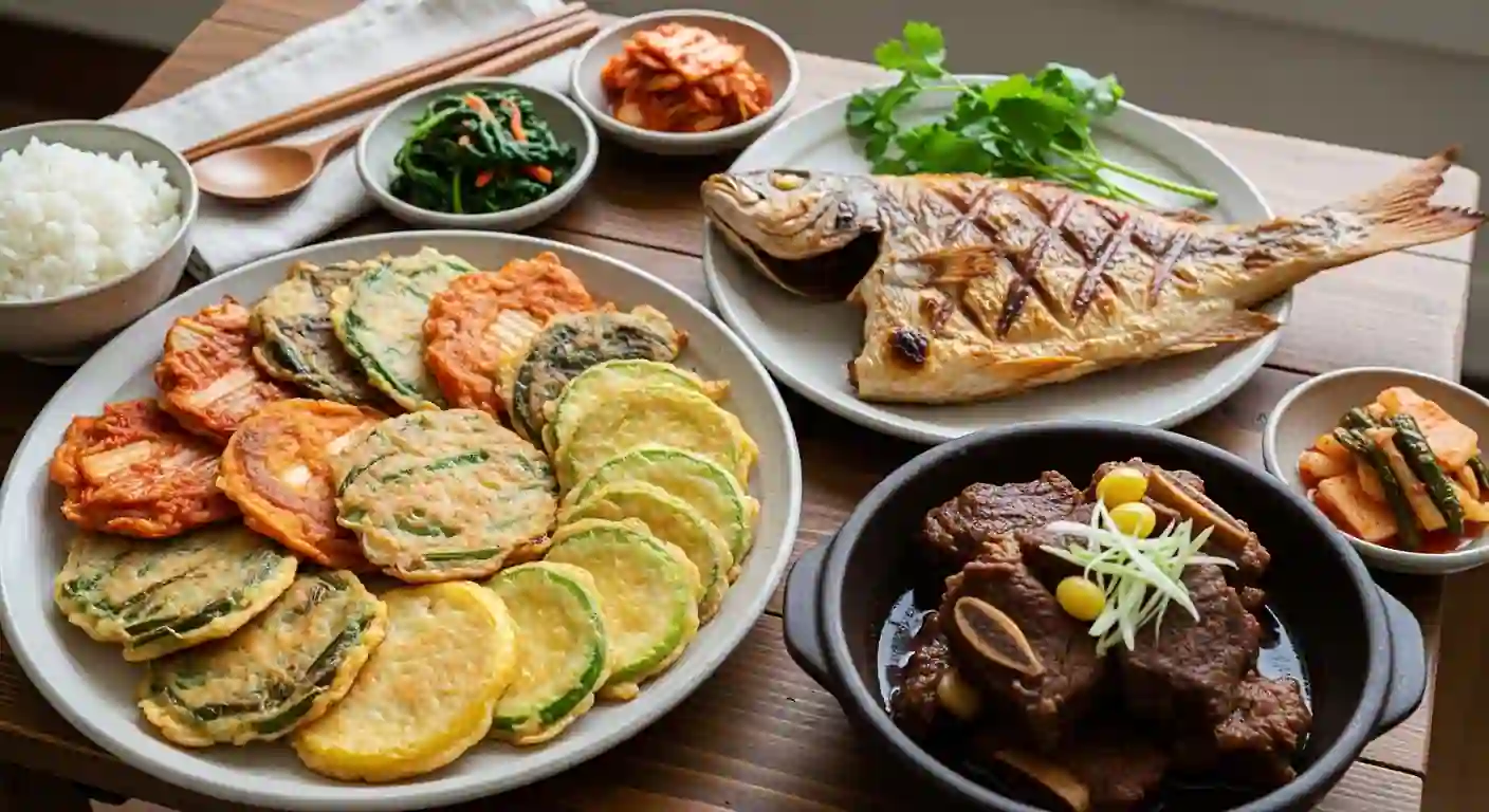 식탁 위에 전, 고기, 생선 등 명절 음식이 접시에 올려져 있는 모습