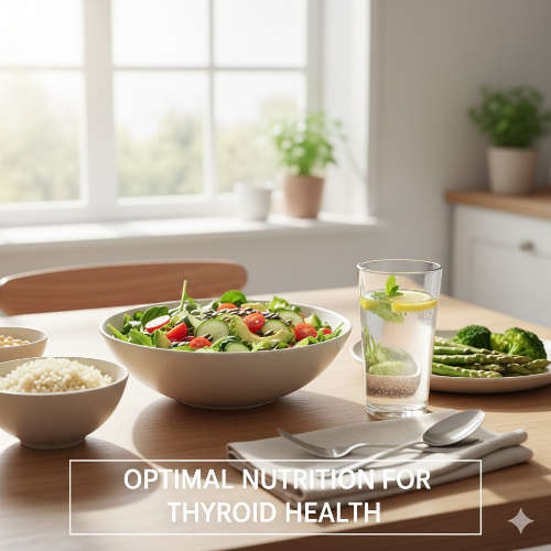 건강한 채소 위주의 식단과 물 한 잔이 놓인 식탁 모습